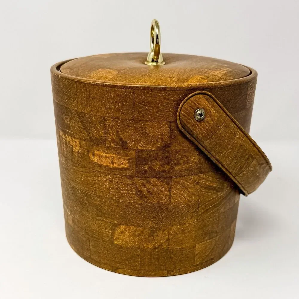 Vintage Retro Faux Wood Ice Bucket Gold Clasp Handle & Lid MCM Bar Cart Essentia